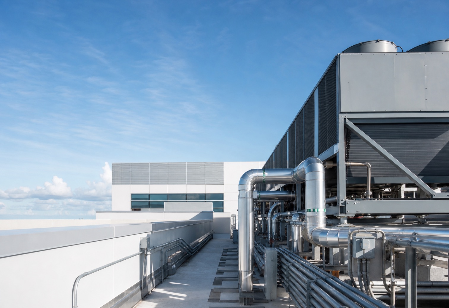 Planta mecánica comercial con equipo HVAC y tubería
